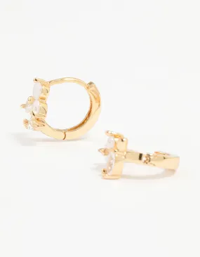 Vintage Piece Opulent Embellishment Gold Plated Cubic Zirconia Flower & Leaf Huggie Earrings