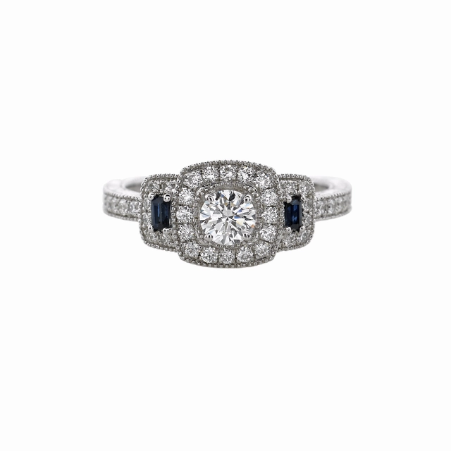 14 Karat White Gold Halo Diamond and Sapphire Engagement Ring Finishing Touch