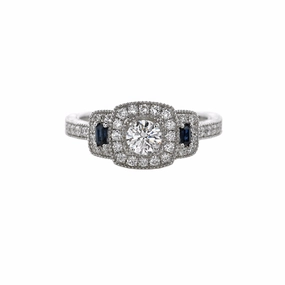 14 Karat White Gold Halo Diamond and Sapphire Engagement Ring Finishing Touch