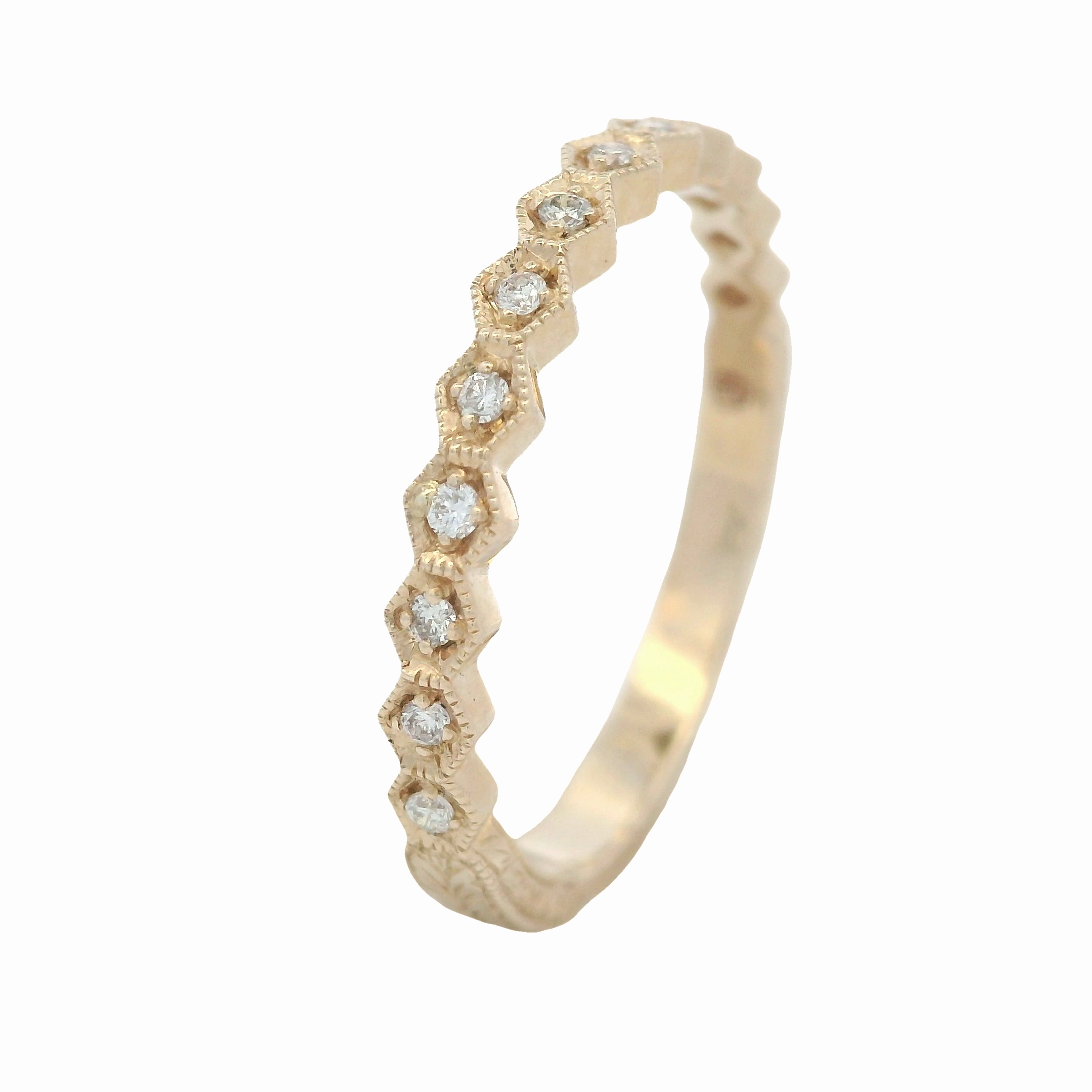 Simple Edge Holiday Ready 14 Karat Yellow Gold Engraved Diamond Stackable Ring