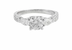 Refined Spark ROUND DIAMOND RING WITH PEAR SHAPE SIDE STONES AND DIAMONDS DOWN THE SHANK
