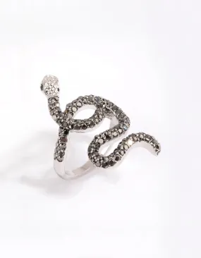 Silver Black Diamante Snake Swirl Ring Evening Appeal