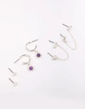 Decorative Trinket Graceful Style Silver Celestial Amethyst Chain Hoop Earring 4-Pack