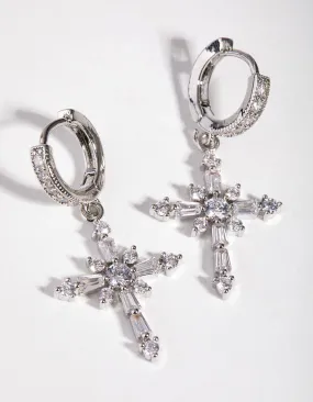 Silver Crystal Stone Cross Hoop Earrings Sparkling Essential Stylish Embellishment