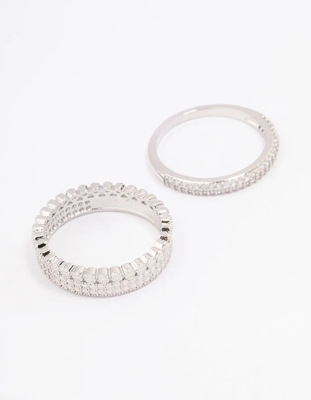 Vintage Work Silver Cubic Zirconia Double Band Double Stack Ring