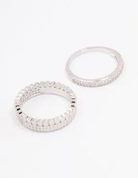 Vintage Work Silver Cubic Zirconia Double Band Double Stack Ring