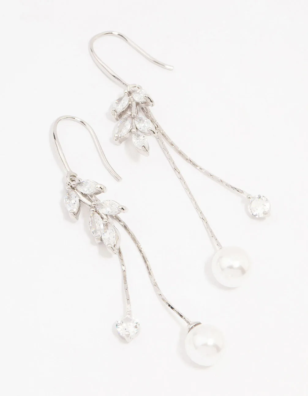 Silver Cubic Zirconia Leaf & Pearl Drop Earrings Exquisite Piece Delicate Design