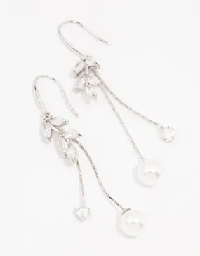 Silver Cubic Zirconia Leaf & Pearl Drop Earrings Exquisite Piece Delicate Design