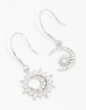 Silver Cubic Zirconia Moon & Sun Drop Earrings Affordable Adornment Sparkling Design