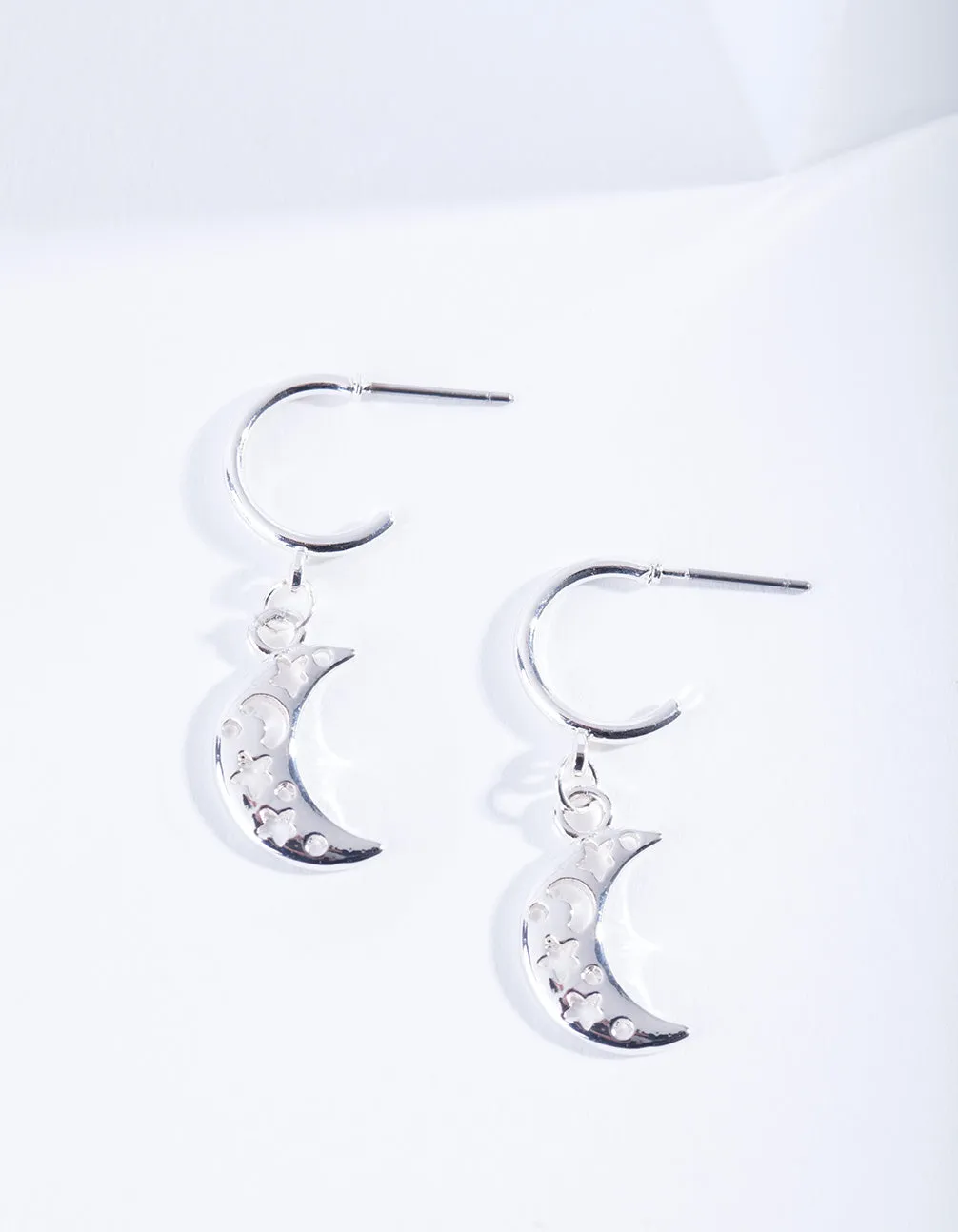 Silver Cut-Out Moon Hoop Earrings Glittering Element Graceful Finish