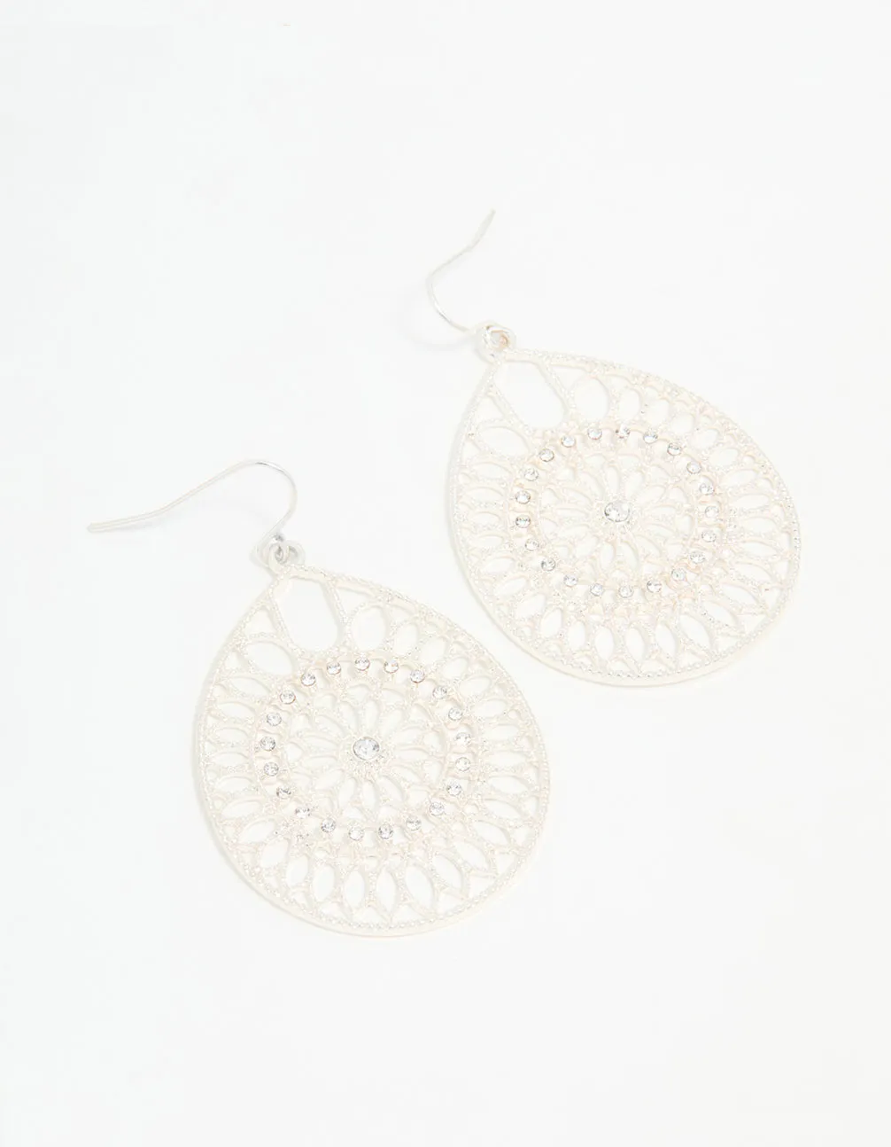 Silver Diamante Filigree Drop Earrings Spiral Item Oval Accessory