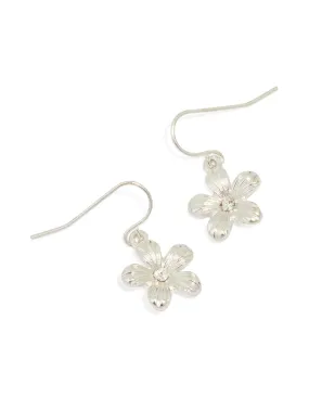 Silver Diamante Flower Drop Earrings Square Trinket