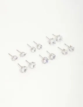 Silver Diamante Geometric Stud Earrings 6-Pack Evening Trinket Minimalist Decor