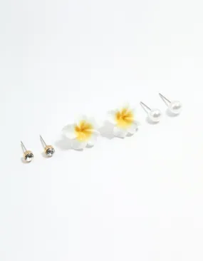 Silver Diamante Pearl & Frangipani Earrings 3-Pack Comfortable Creation Statement Embellishment