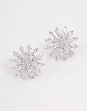 Evening Adornment Silver Flower Stud Earrings