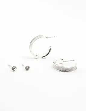 Silver Glitter Hoop & Stud Earrings 2-Pack Linear Adornment Lightweight Option