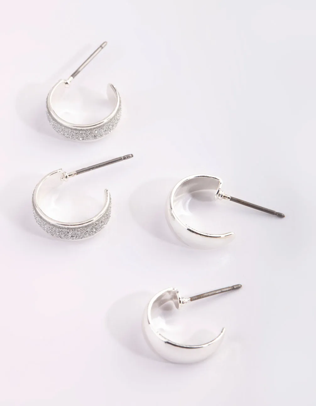 Square Jewelry Minimalist Detail Silver Glitter Huggie Hoop Earring Set