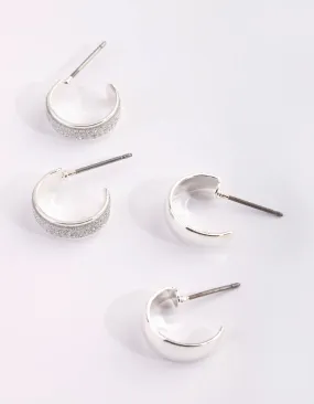 Square Jewelry Minimalist Detail Silver Glitter Huggie Hoop Earring Set
