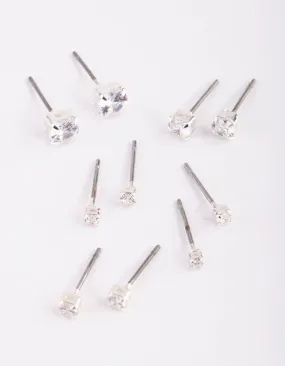 Square Ornament Sparkling Appearance Silver Graduated Diamante Stud Earring 5-Pack