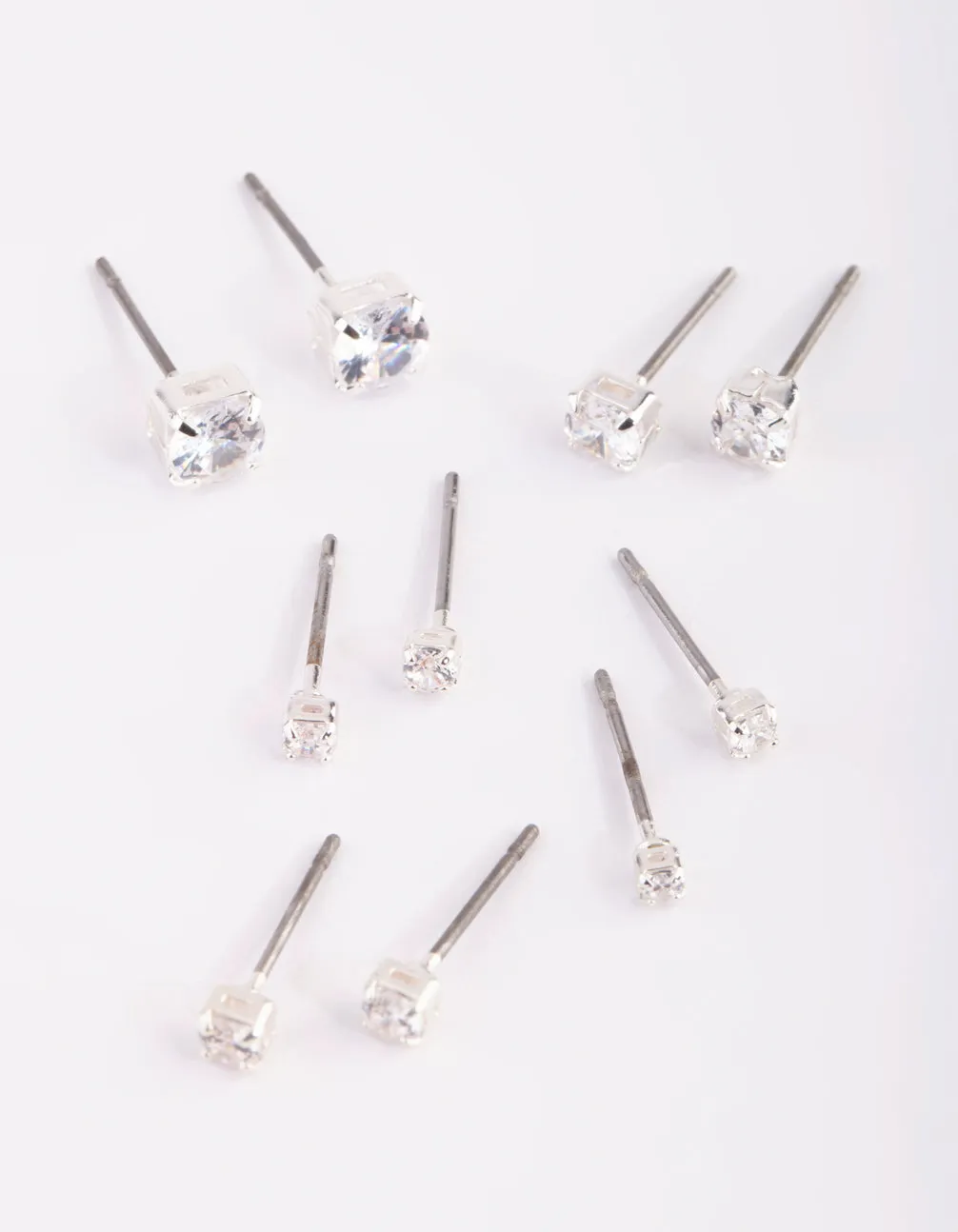 Square Ornament Sparkling Appearance Silver Graduated Diamante Stud Earring 5-Pack