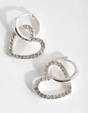 Minimalist Ornament Contemporary Option Silver Heart Diamante Huggie Earrings