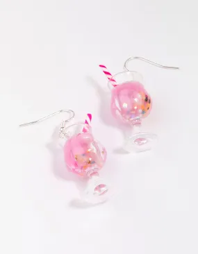 Silver Pink Cocktail Straw Drop Earrings Pastel Ornament Fashionable Look