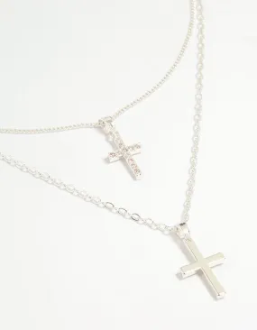 Style Setting Accessory Busy Life Silver Plated Cubic Zirconia & Plain Cross Layered Necklace