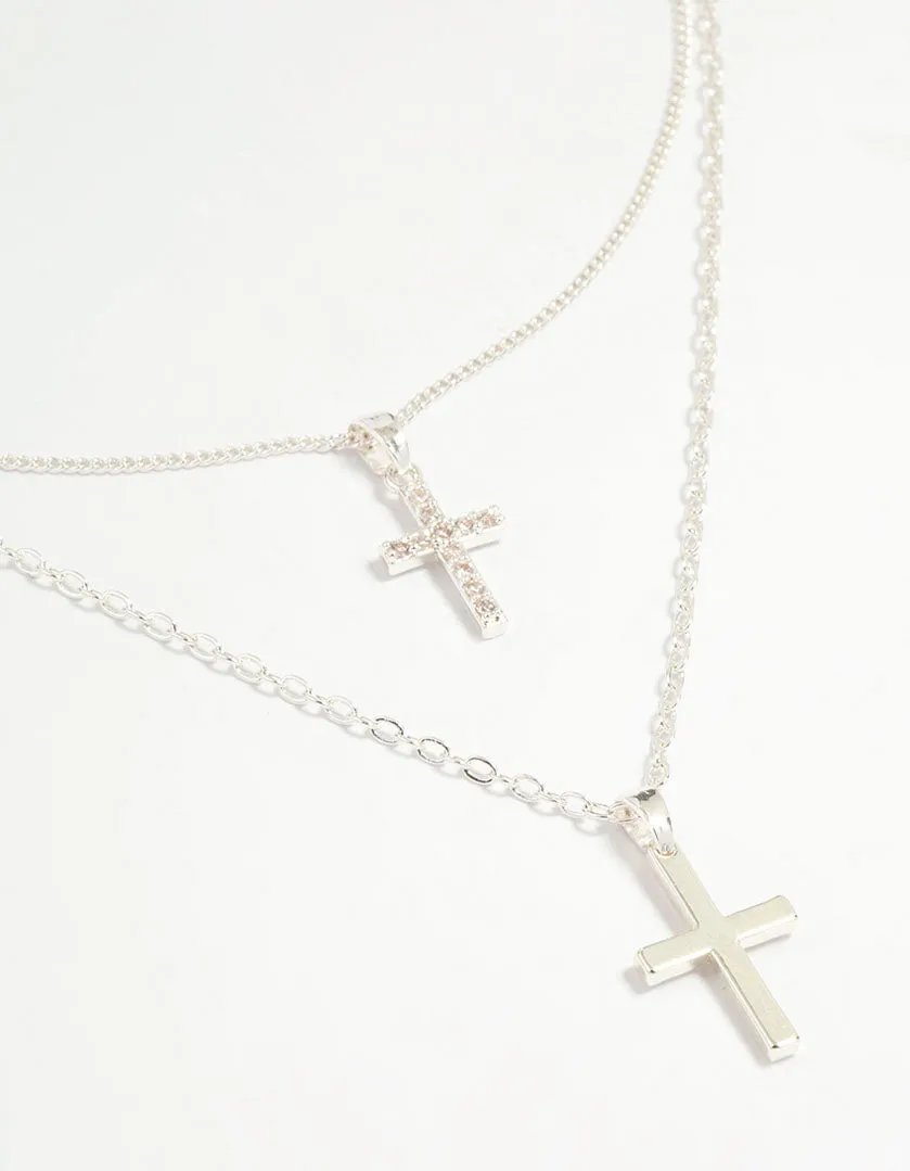 Style Setting Accessory Busy Life Silver Plated Cubic Zirconia & Plain Cross Layered Necklace