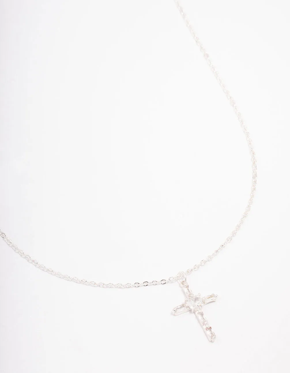 Silver Plated Cubic Zirconia Baguette Cross Pendant Necklace youth choice