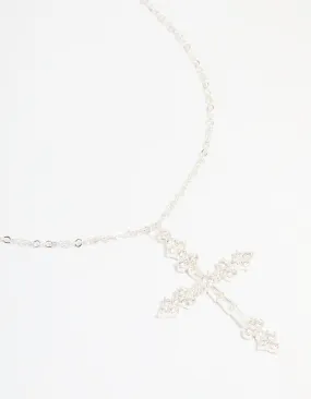 Fashionable Style Chic Look Silver Plated Cubic Zirconia Large Cross Pendant Necklace