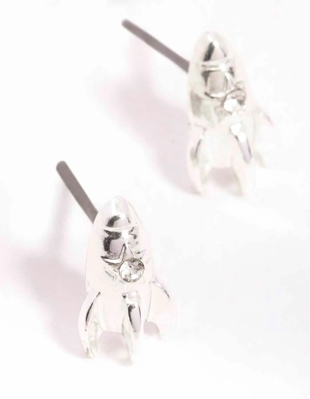 Silver Rocket Ship Stud Earrings Trendy Must-Have Sparkling Accessory