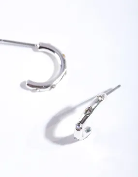 Silver Simple Diamante Half Hoop Earrings Pastel Accent Glittering Vibe