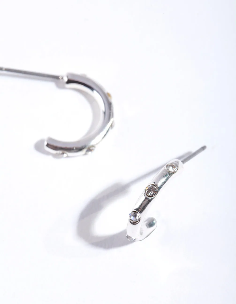 Silver Simple Diamante Half Hoop Earrings Pastel Accent Glittering Vibe