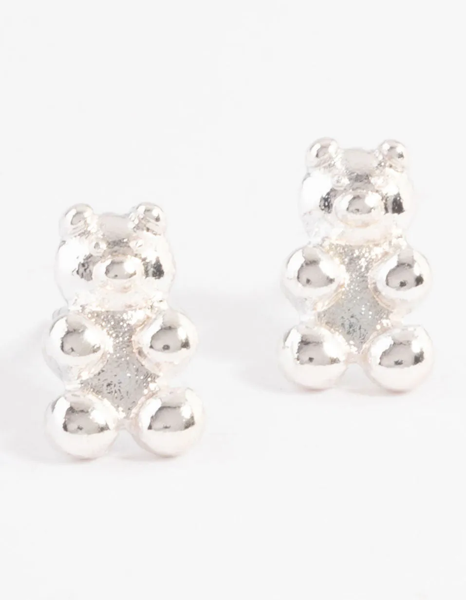 Timeless Adornment Chic Vibe Silver Teddy Bear Stud Earrings