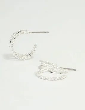 Fashionable Feature Silver Twisted & Plain Triple Hoop Earrings