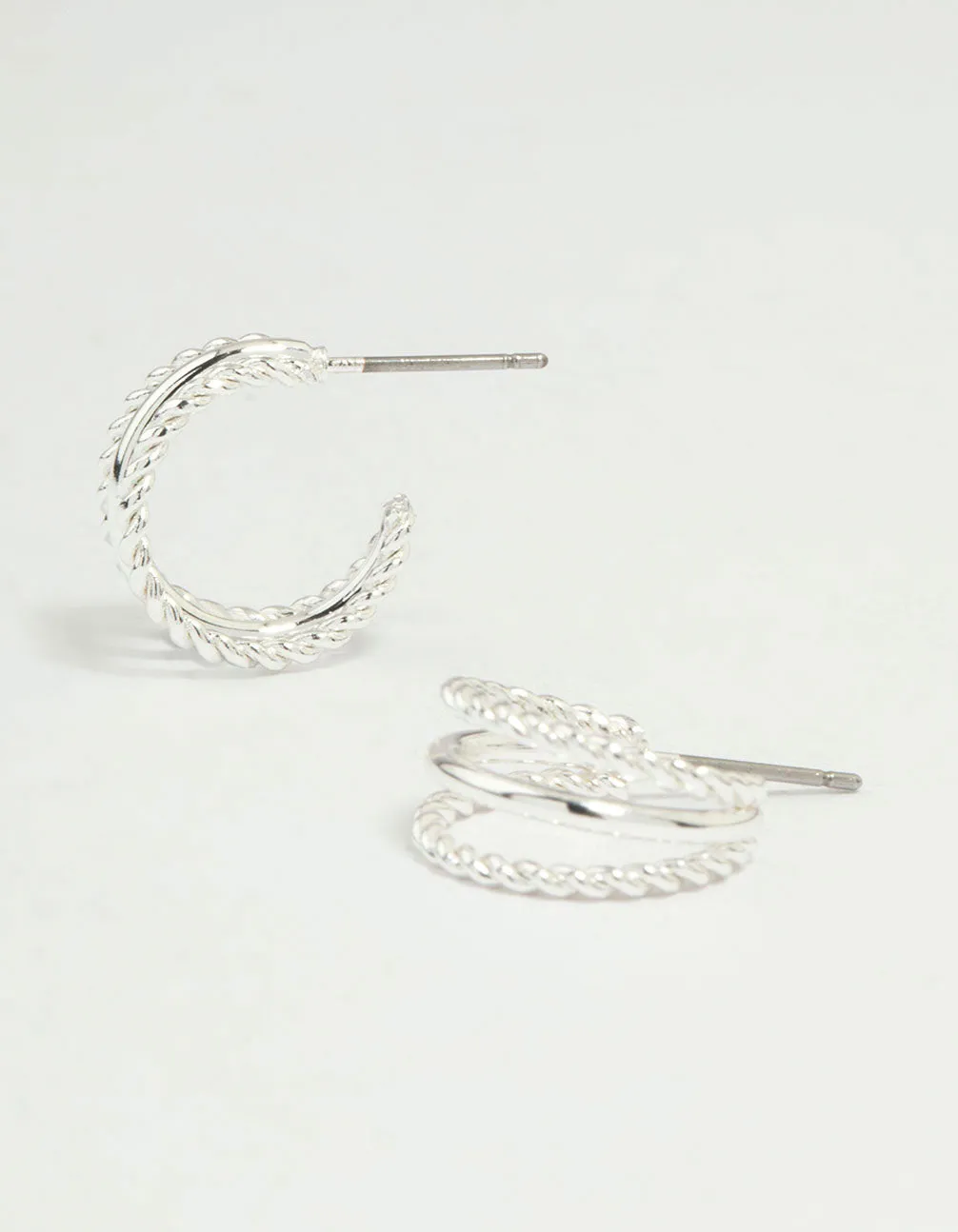 Fashionable Feature Silver Twisted & Plain Triple Hoop Earrings