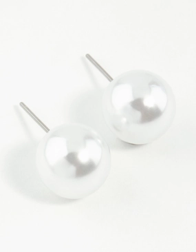 Glossy Ornament Vintage Decor Silver Round Pearl Stud Earrings