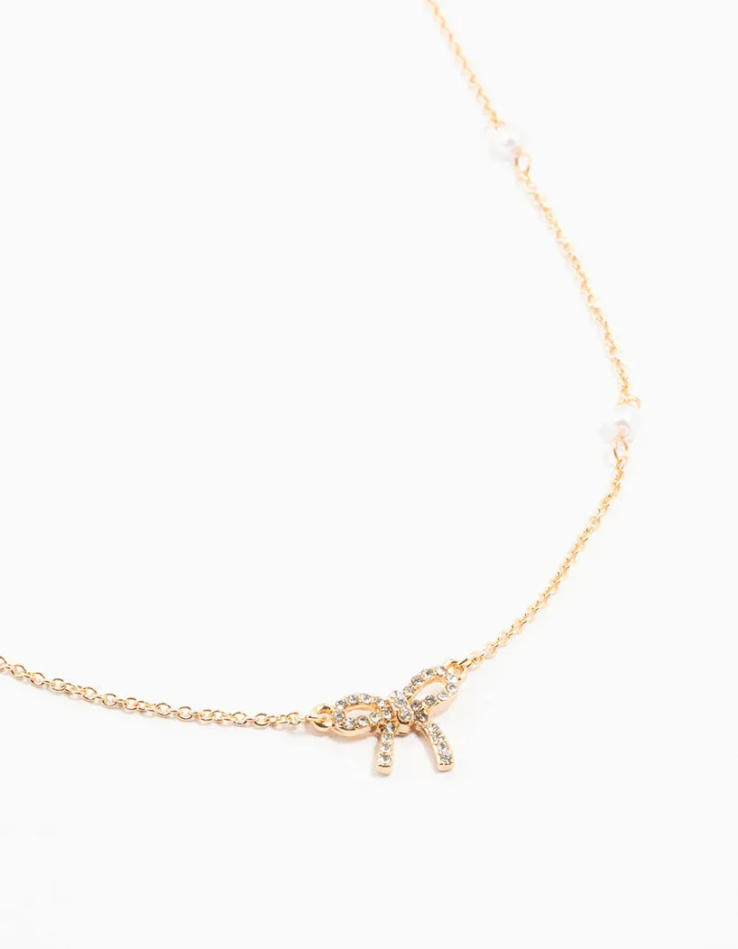 Gold Plated Station Pearl Diamante Bow Pendant Necklace Attractive Style