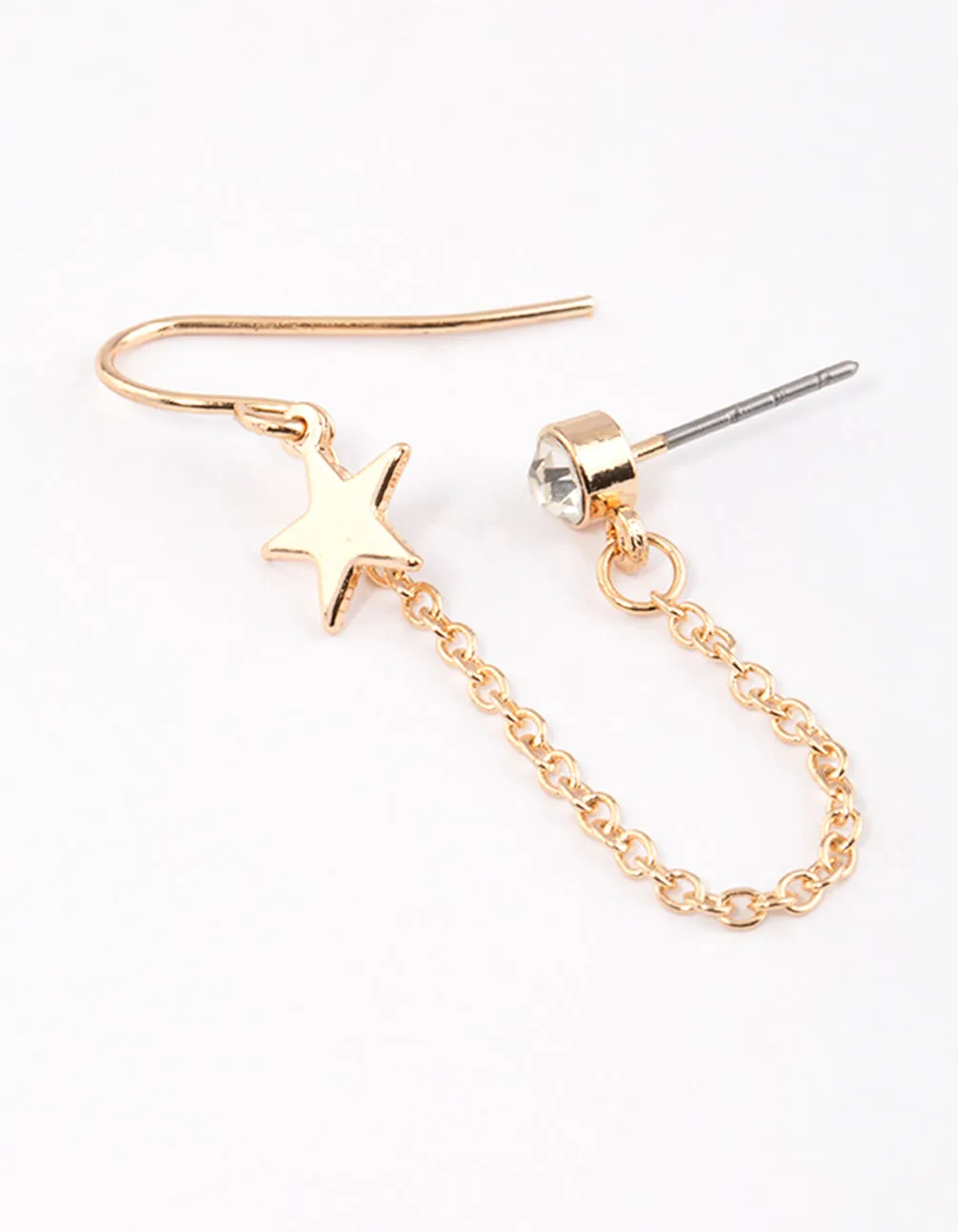 Gold Star & Diamanate Chain Stud Earrings Handsome Ornament Bohemian Adornment