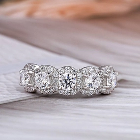 Louily Fashion Halo Five Stone Anniversary Ring In Sterling Silver Day Look Glossy Finish