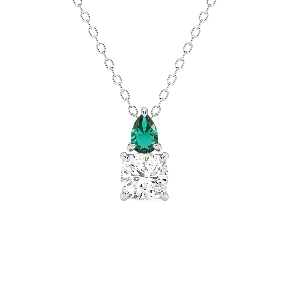 Coordinating Jewelry Jeweled Adornment Toi Et Moi Emerald and Cushion Cut Lab Grown Diamond Pendant Necklace