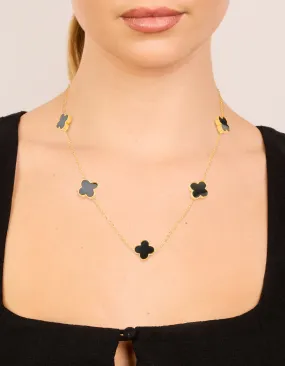 Gold Plated Stainless Steel Black Inlay Flowers Necklace Elegant Evening
