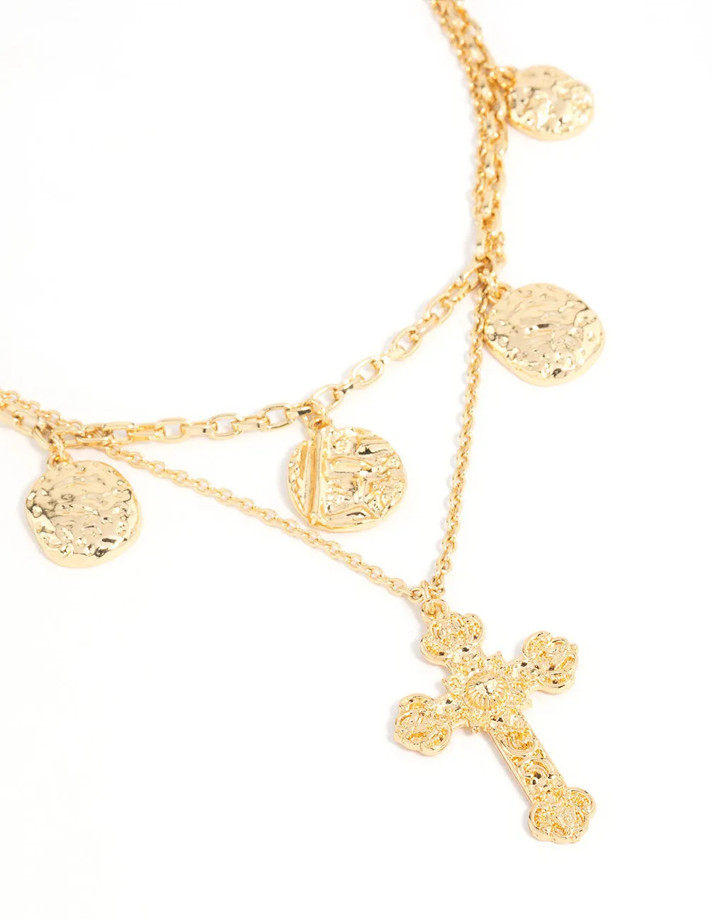 Bold Choice Refined Detail Gold Plated Cross & Coin Layered Necklace
