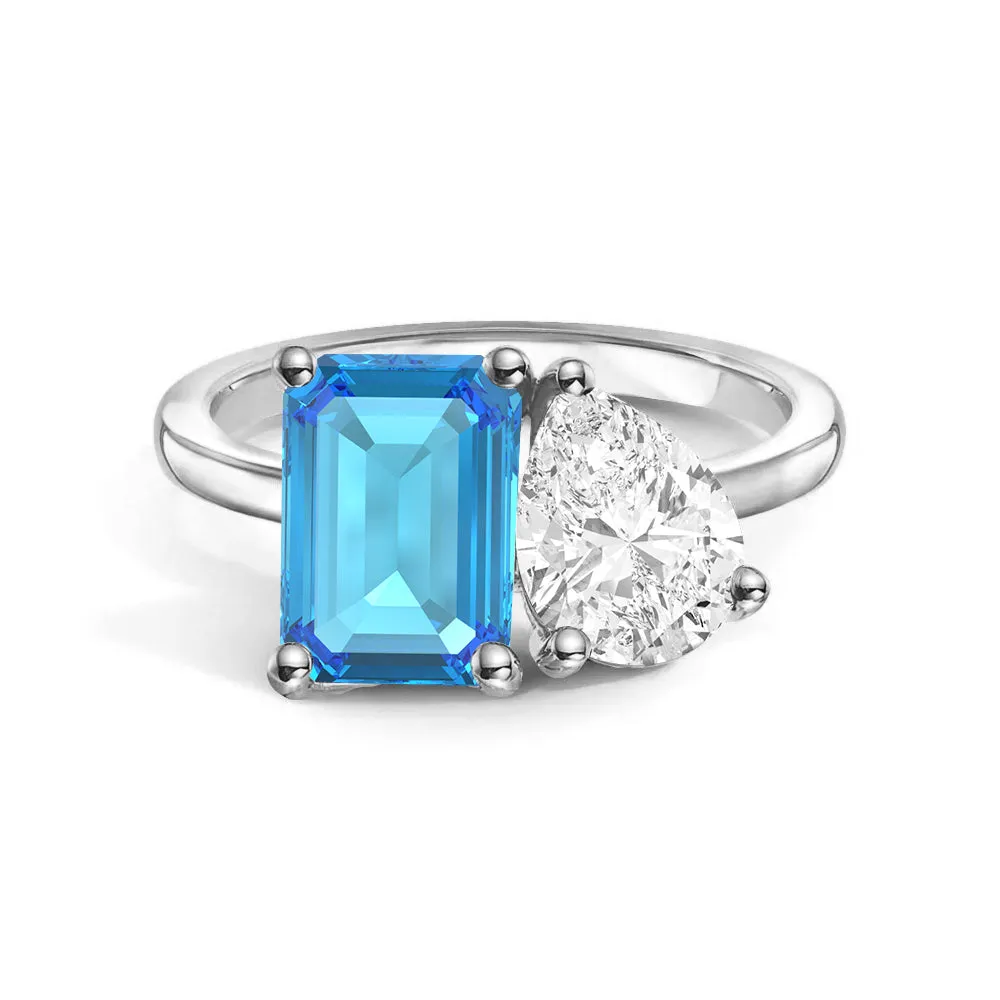 Modern Symbol Luxury Touch Toi et Moi Personalized Blue Topaz Birthstone Anniversary Ring