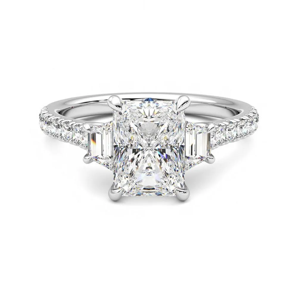 Elegant Article Three Stone Radiant Cut & Half Moon Moissanite Engagement Ring with Hidden Anniversary Stone Accent