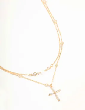 Gold Layered Diamante Cross & Pearl Necklace Simple Jewelry