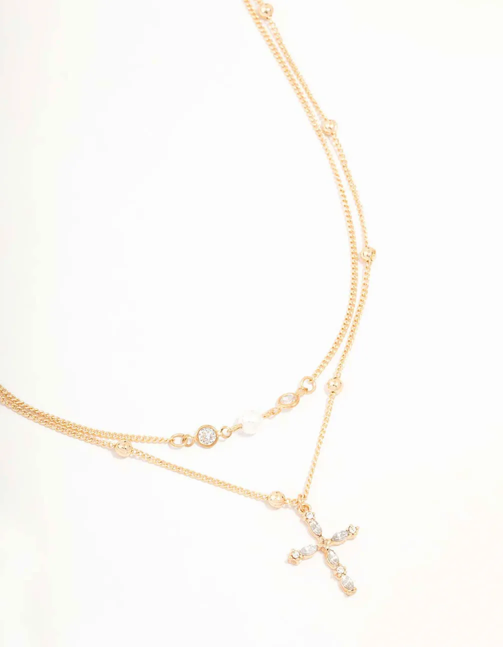 Gold Layered Diamante Cross & Pearl Necklace Simple Jewelry