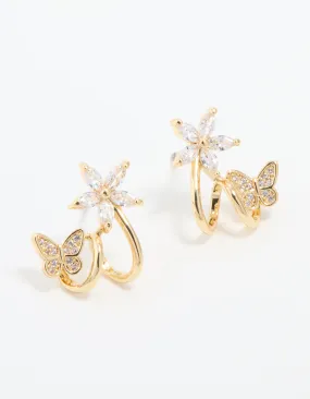 Gold Plated Cubic Zirconia Flower Butterfly Ear Jacket Earrings Bohemian Jewelry Lustrous Trinket