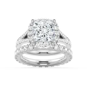 Dynamic Accent Princess Cut Split Shank Halo Moissanite Ring Set with Matching Wedding Band