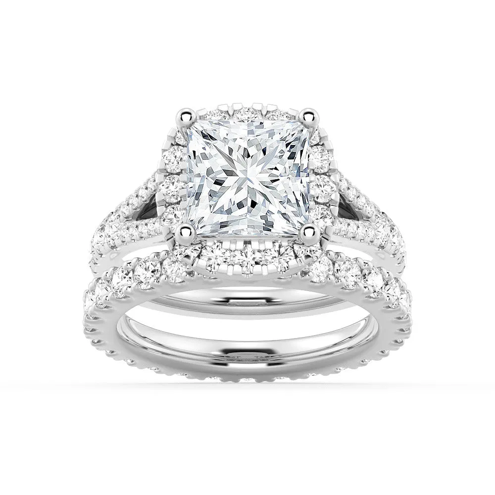 Elegant Work Timeless Simplicity Princess Cut Split Shank Halo Moissanite Ring Set with Matching Wedding Band